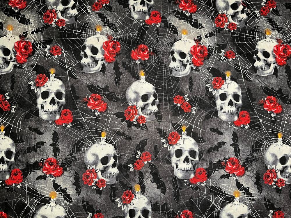 Skulls Webs and Roses Cotton Fabric 3/8 yard | Destashing
